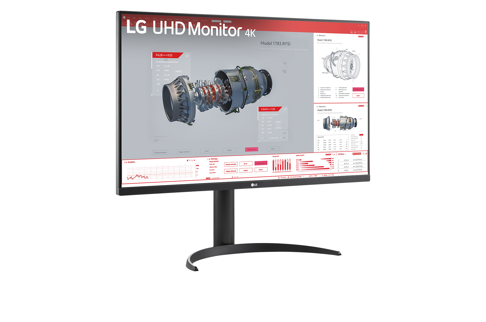 Monitor LG UHD 4K che mostra diagrammi tecnici e dati.