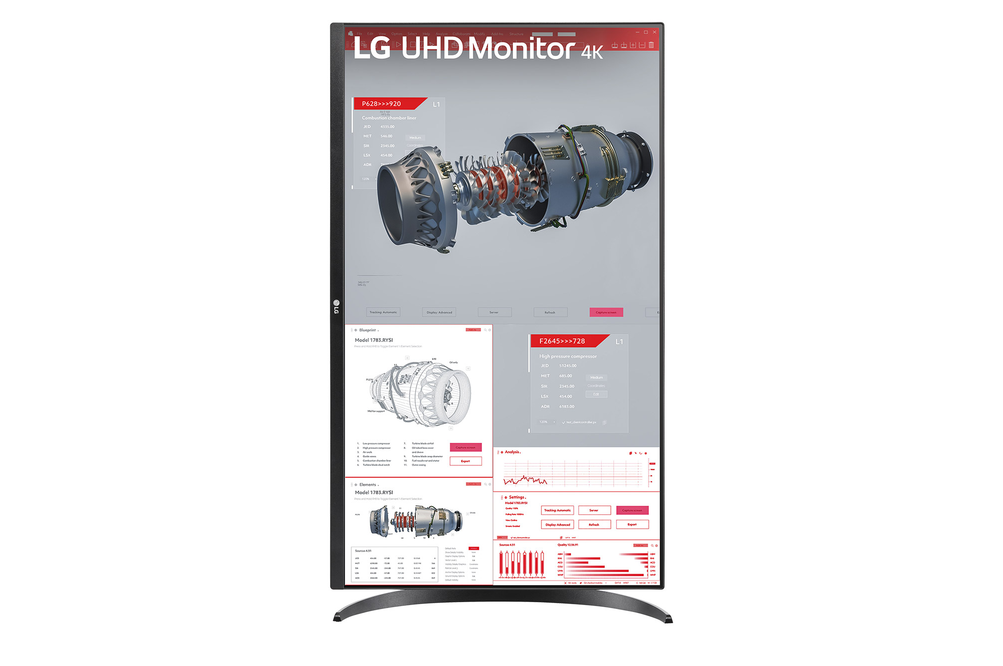 Monitor LG UHD 4K visualizza disegni tecnici dettagliati di parti di motore.