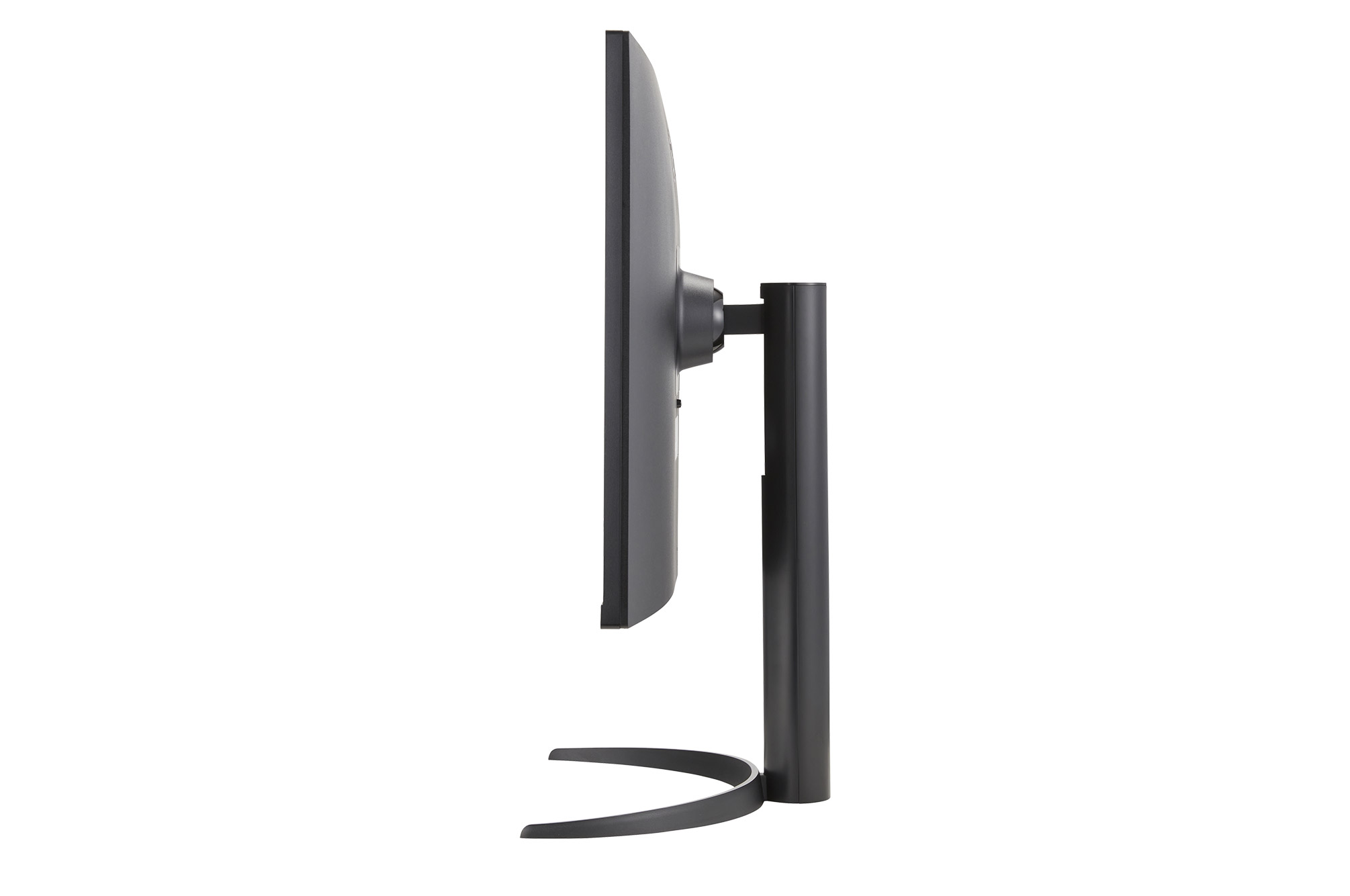 Un monitor nero con un supporto elegante è mostrato di lato.