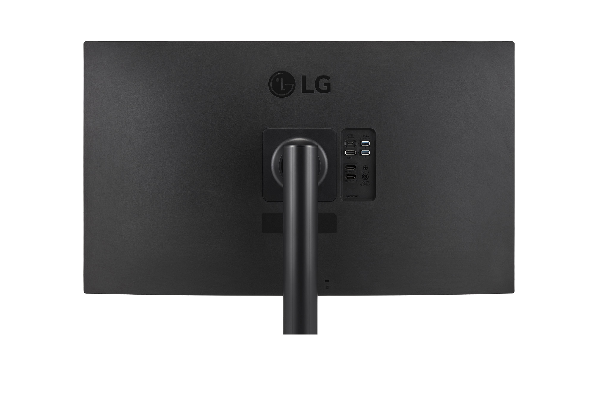 Retro di un monitor LG nero con porte e attacco del supporto.