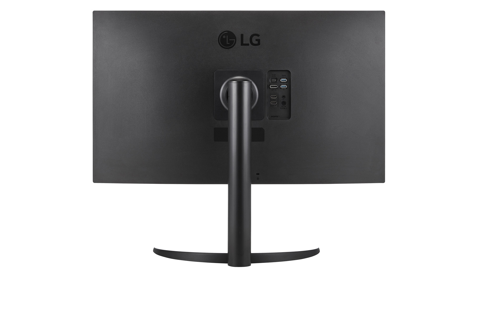 Vista posteriore di un monitor LG nero con supporto e porte visibili.