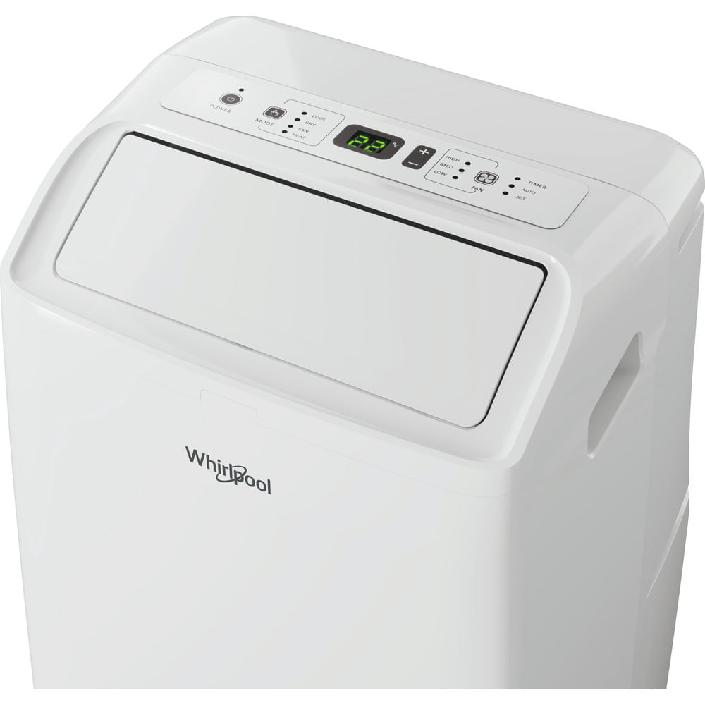 Una unidad de aire acondicionado portátil Whirlpool blanca con pantalla digital y panel de control.