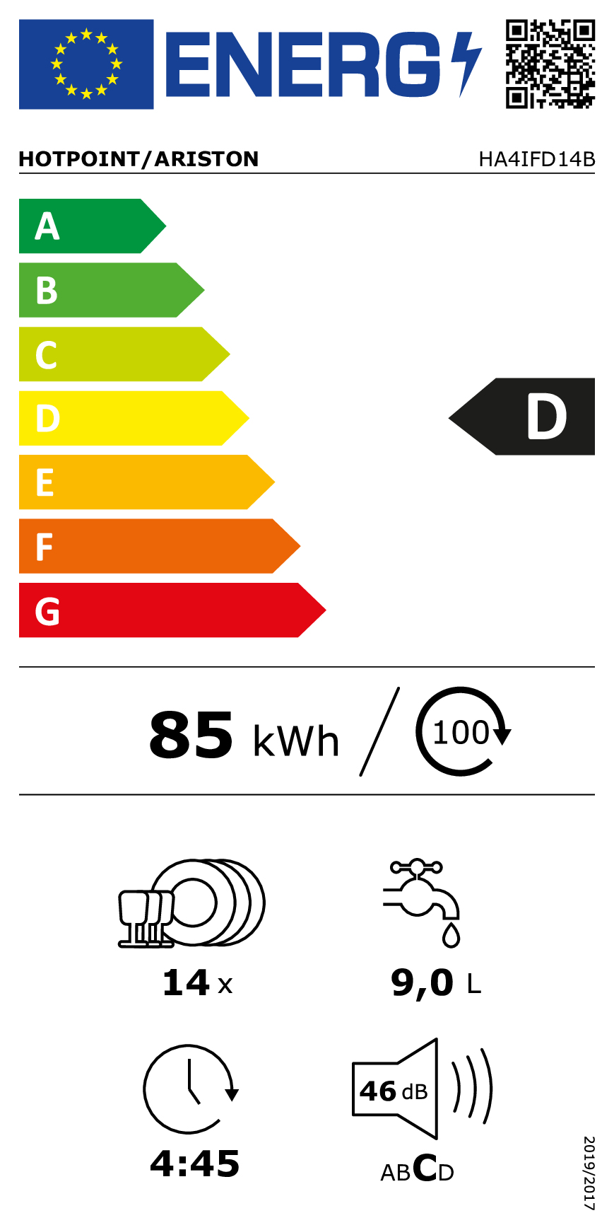 Etichetta energetica classe D, 85 kWh/100 cicli, 14 coperti, 9L acqua, 4:45h.