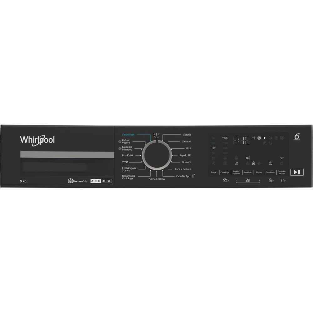Pannello comandi lavatrice Whirlpool con selezione programmi e display digitale.