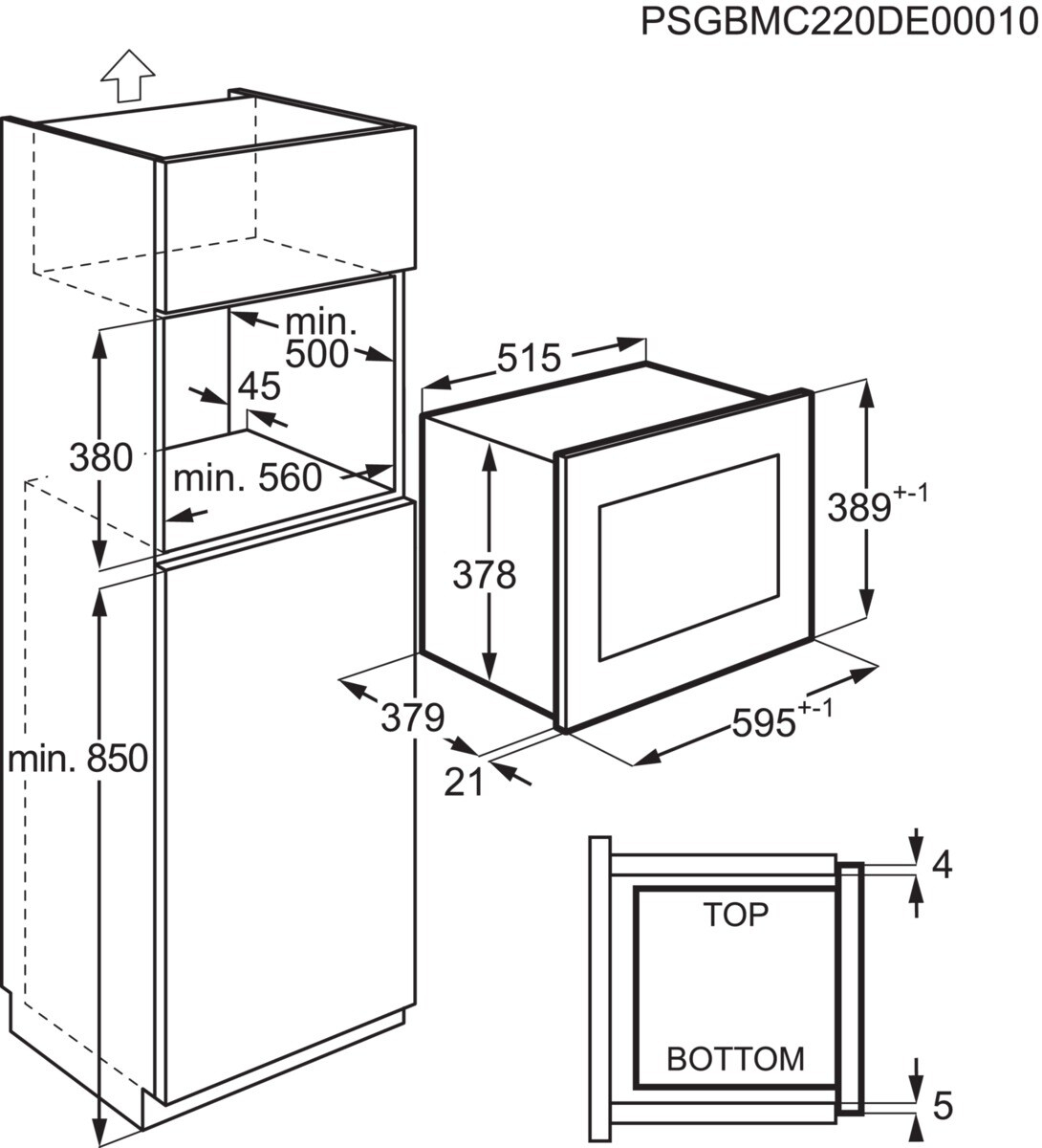 Dibujo técnico de un horno empotrable con dimensiones y especificaciones.
