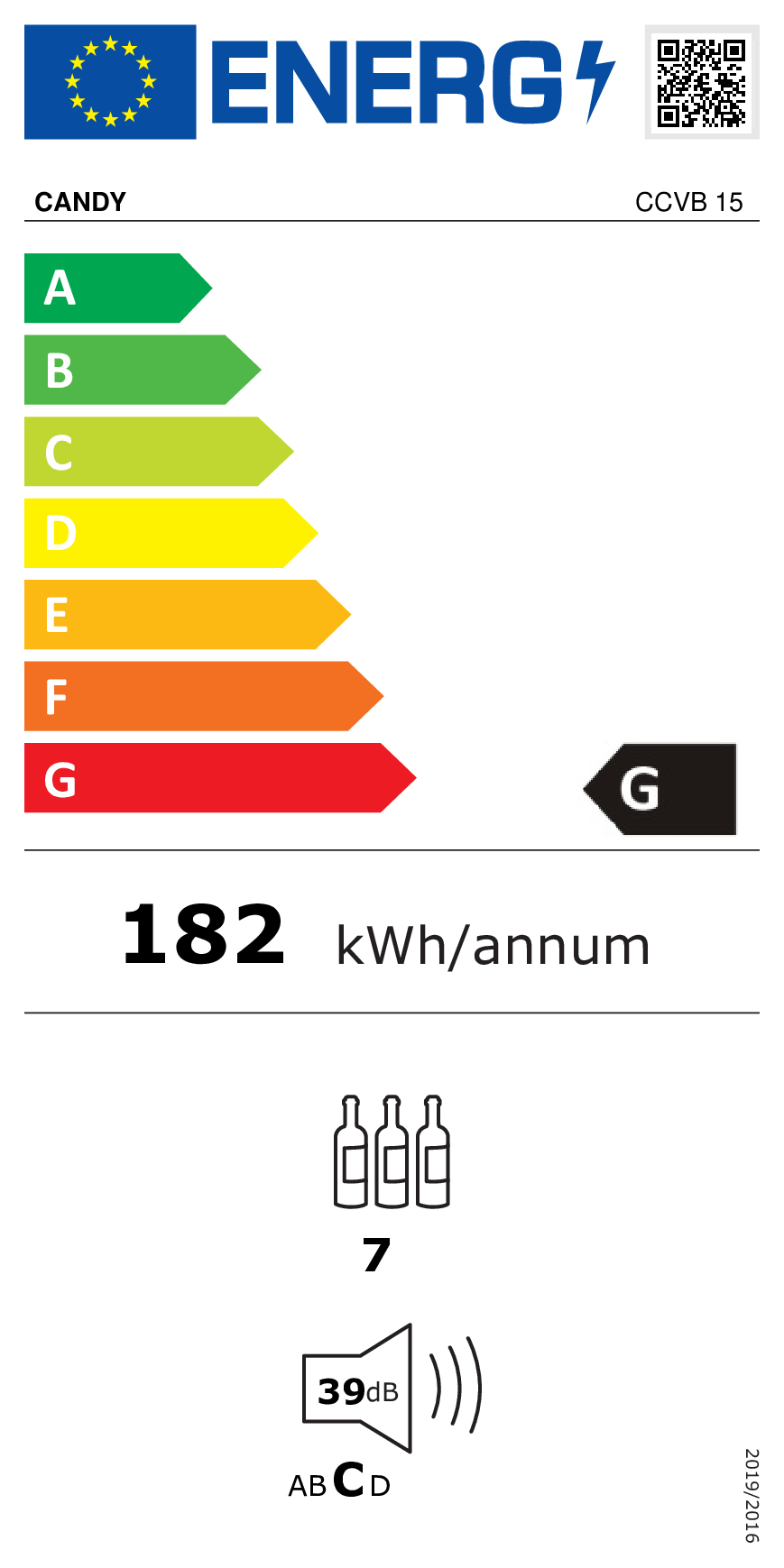 Etichetta di efficienza energetica Candy CCVB 15, classe G, 182 kWh/anno, 7 bottiglie, 39 dB.