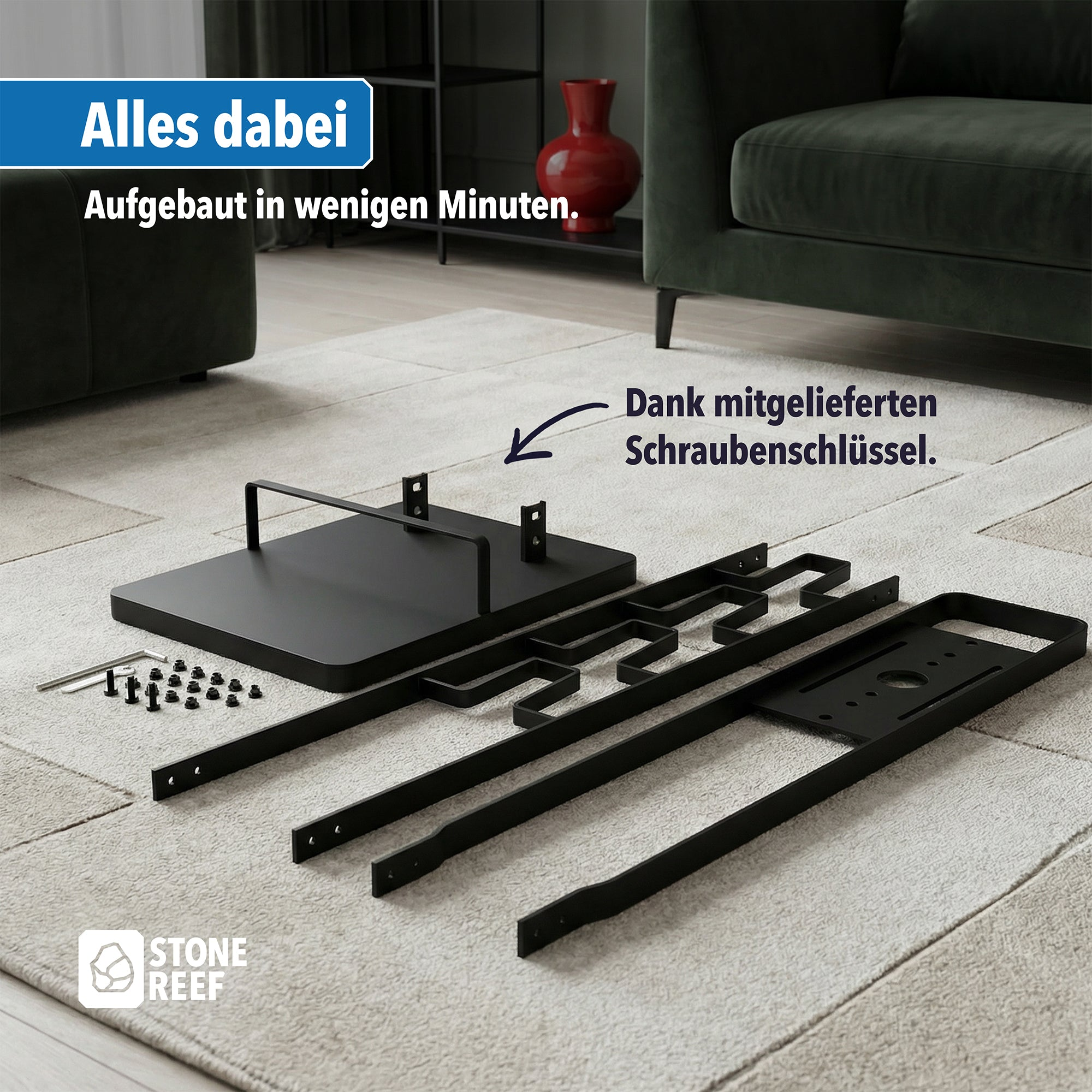 Schwarze Metallteile und Schrauben auf Teppichboden für Möbelmontage.