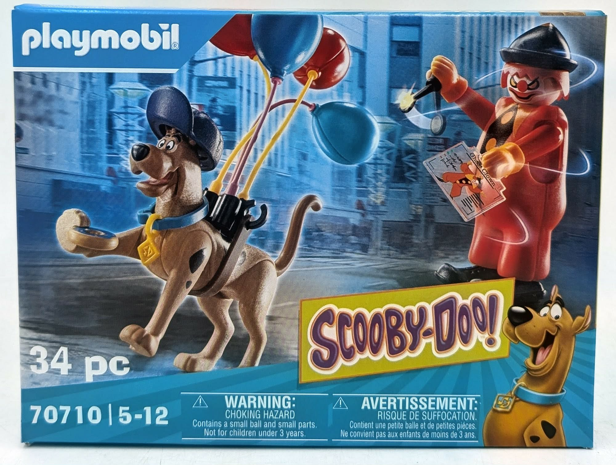 Pudełko Playmobil Scooby-Doo! ze Scoobym i klaunem-duchem z balonami.