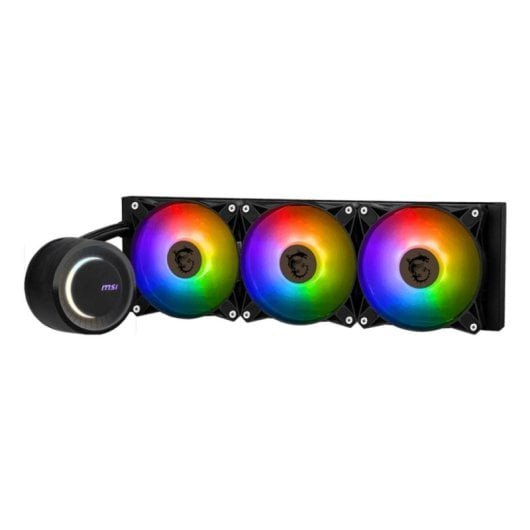 Un dissipatore per CPU nero con tre ventole RGB e un alloggiamento della pompa rotondo.