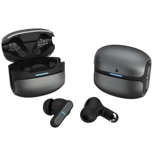Auricolari wireless neri con custodia di ricarica. Due auricolari sono visibili fuori dalla custodia.