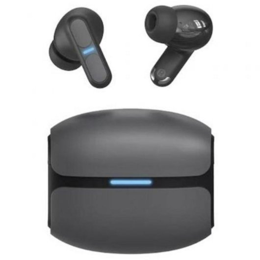 Un paio di auricolari wireless neri con custodia di ricarica.