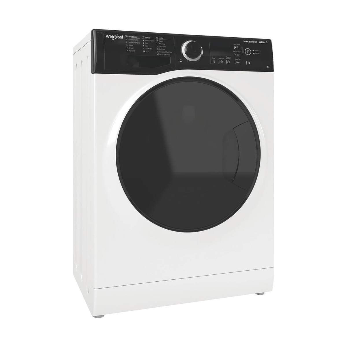 Lavatrice bianca Whirlpool con grande oblò nero e pannello di controllo digitale.