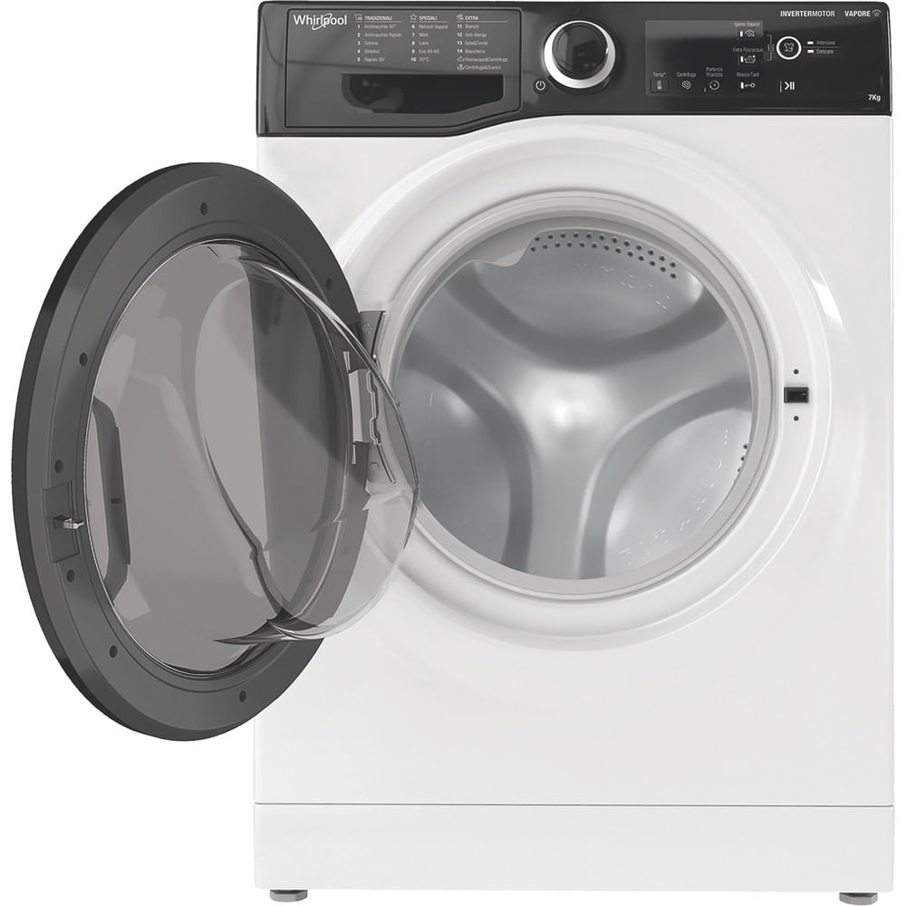 Lavatrice Whirlpool bianca con oblò aperto e display digitale.