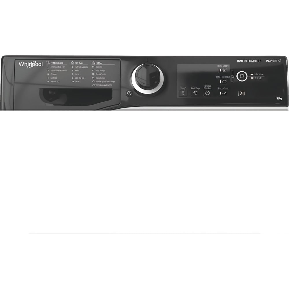 Pannello di controllo lavatrice Whirlpool con programmi, manopola e display digitale.