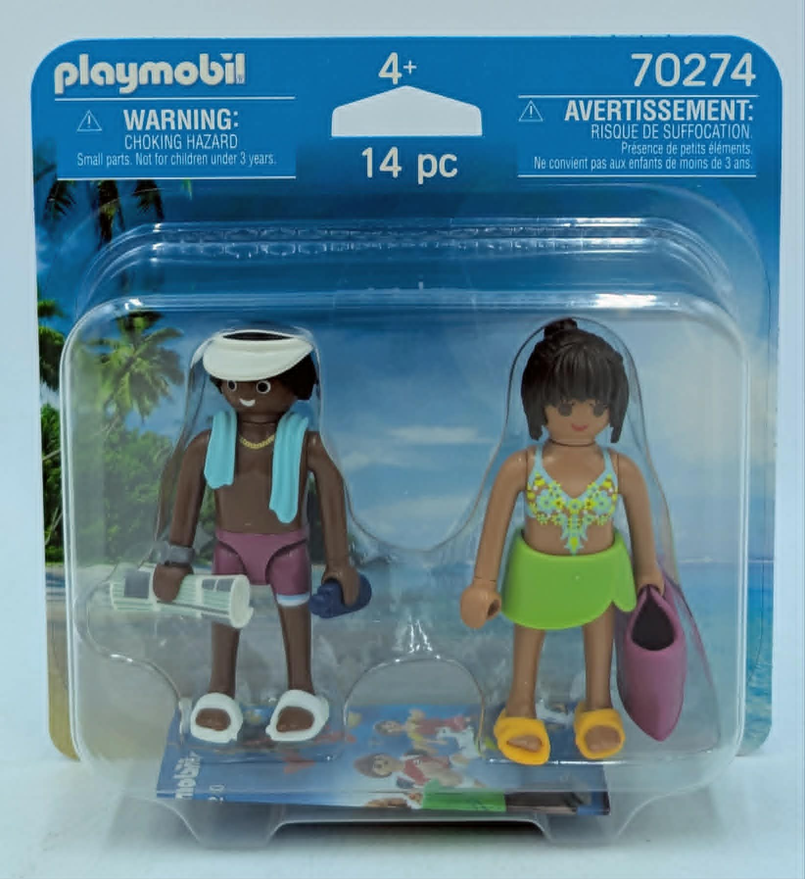 Figuras de Playmobil con atuendo playero y accesorios, en empaque.