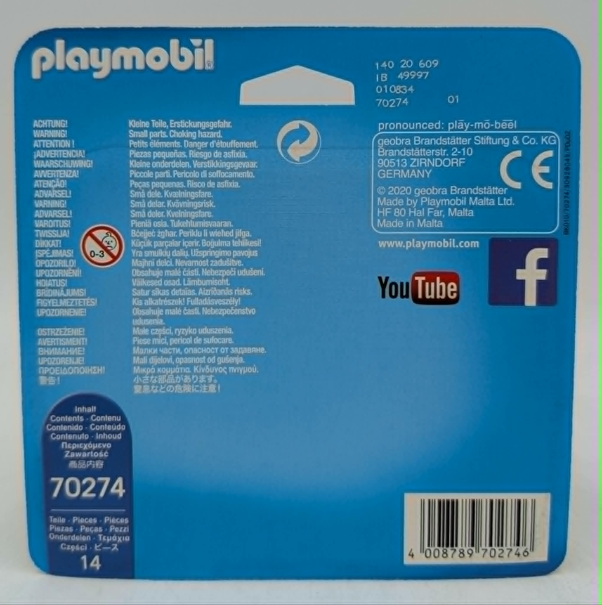 Embalaje Playmobil con advertencias, número de producto 70274 y marca CE.