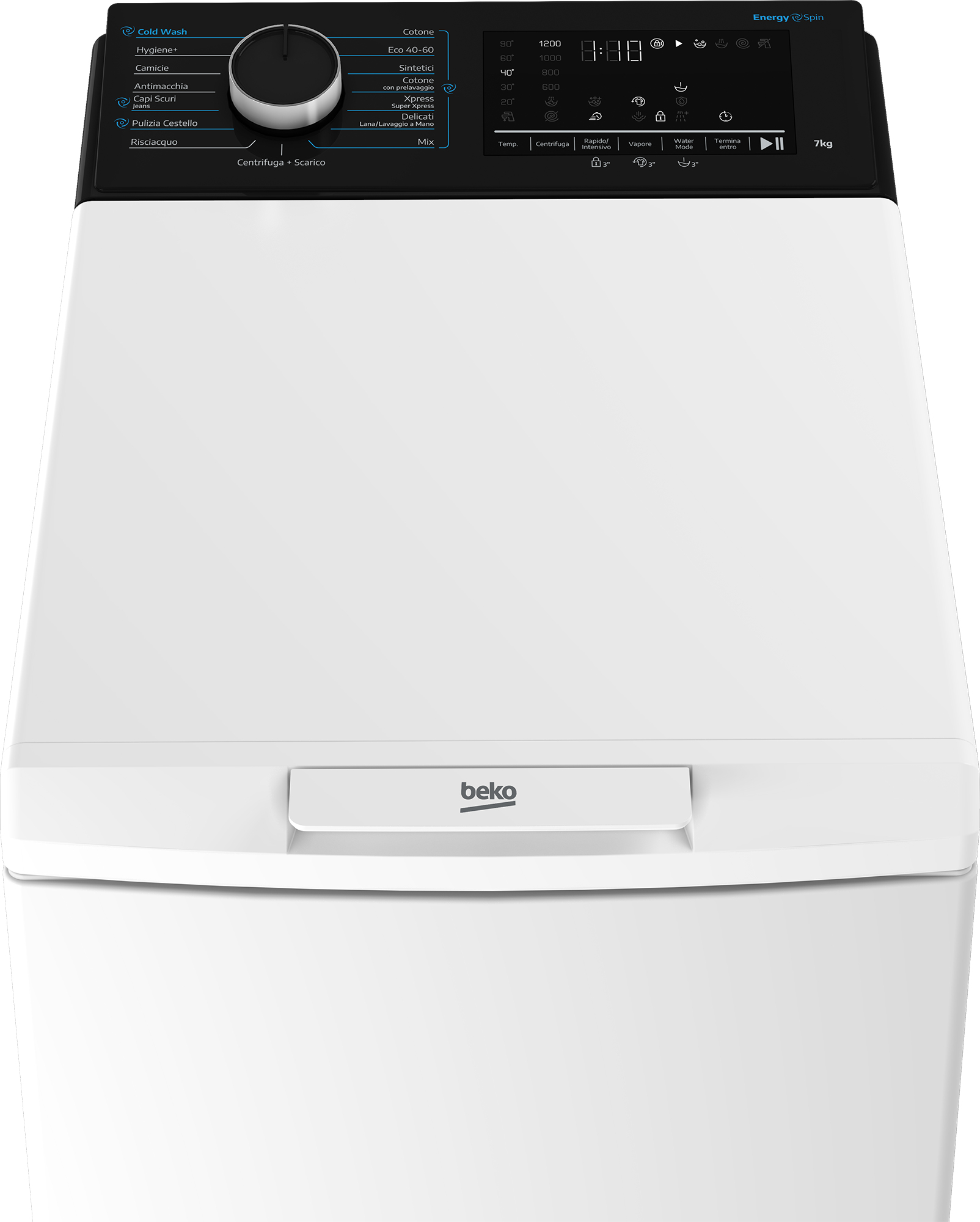 Lavatrice bianca con parte superiore e pannello comandi neri con display digitali.