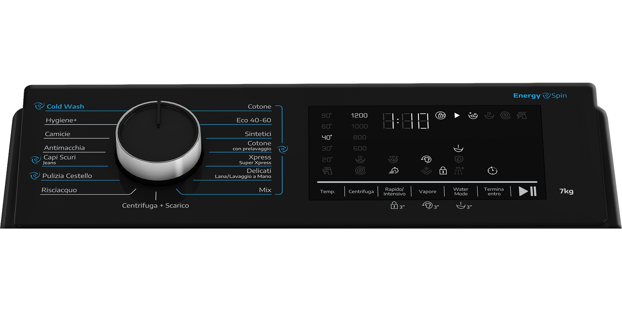 Pannello di controllo lavatrice con selezione programmi, temperatura, centrifuga, tempo e icone.