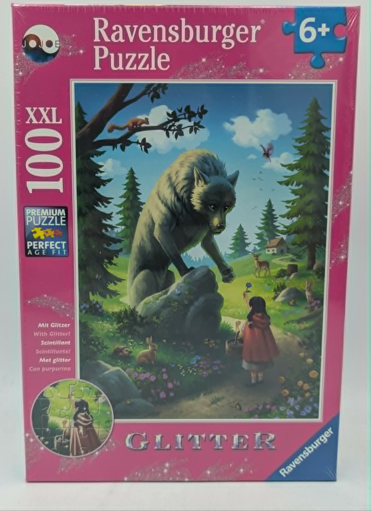 Ein Wolf schaut auf ein Mädchen mit einem Korb im Wald, Ravensburger XXL 100-Teile-Puzzle.