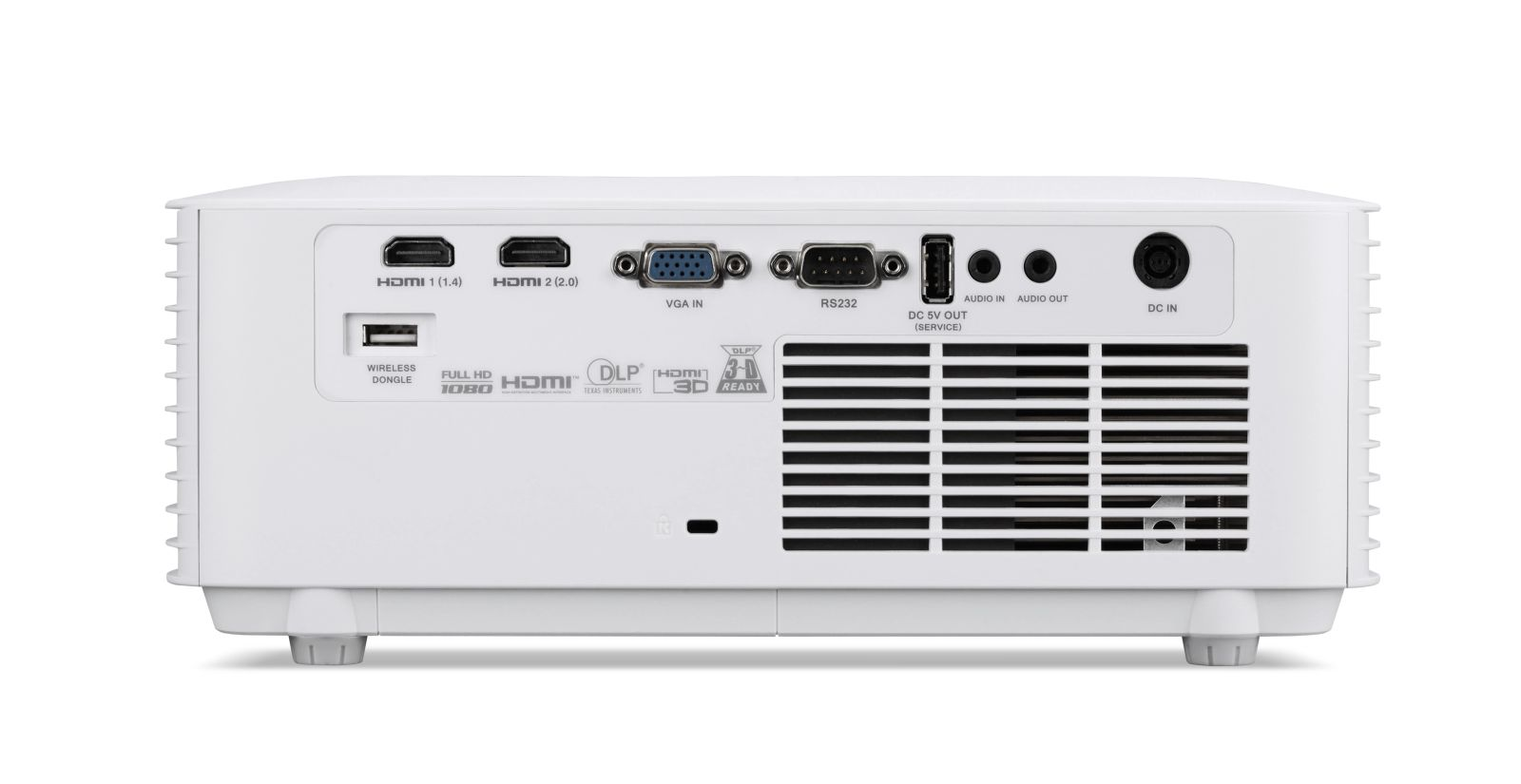 Rückseite eines weißen Projektors mit Anschlüssen: HDMI, VGA, RS232, Audio, DC IN.