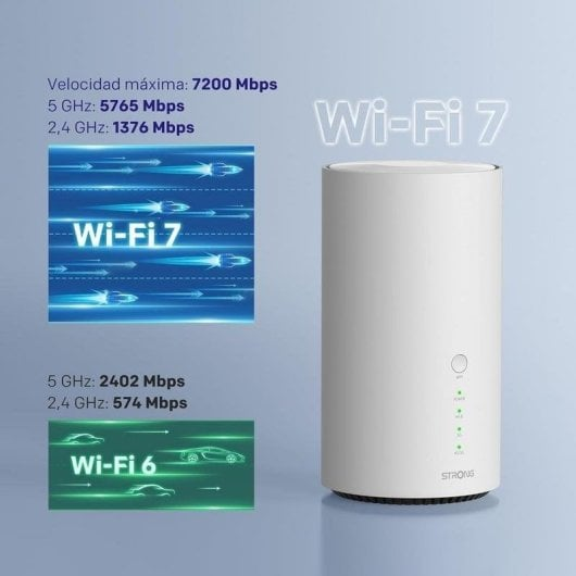 Un router blanco mostrando especificaciones Wi-Fi 7 y Wi-Fi 6.