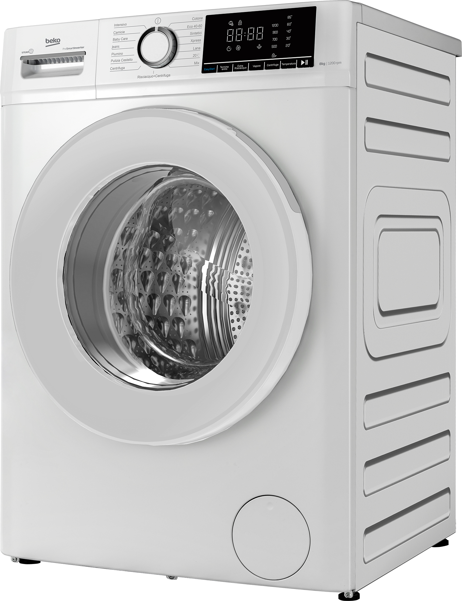Una lavatrice Beko bianca con display digitale e oblò tondo.