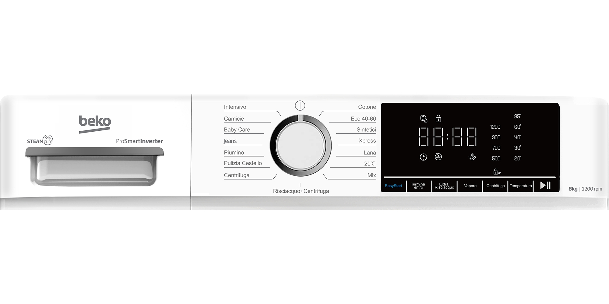 Lavatrice Beko con display digitale, manopola e vari programmi.