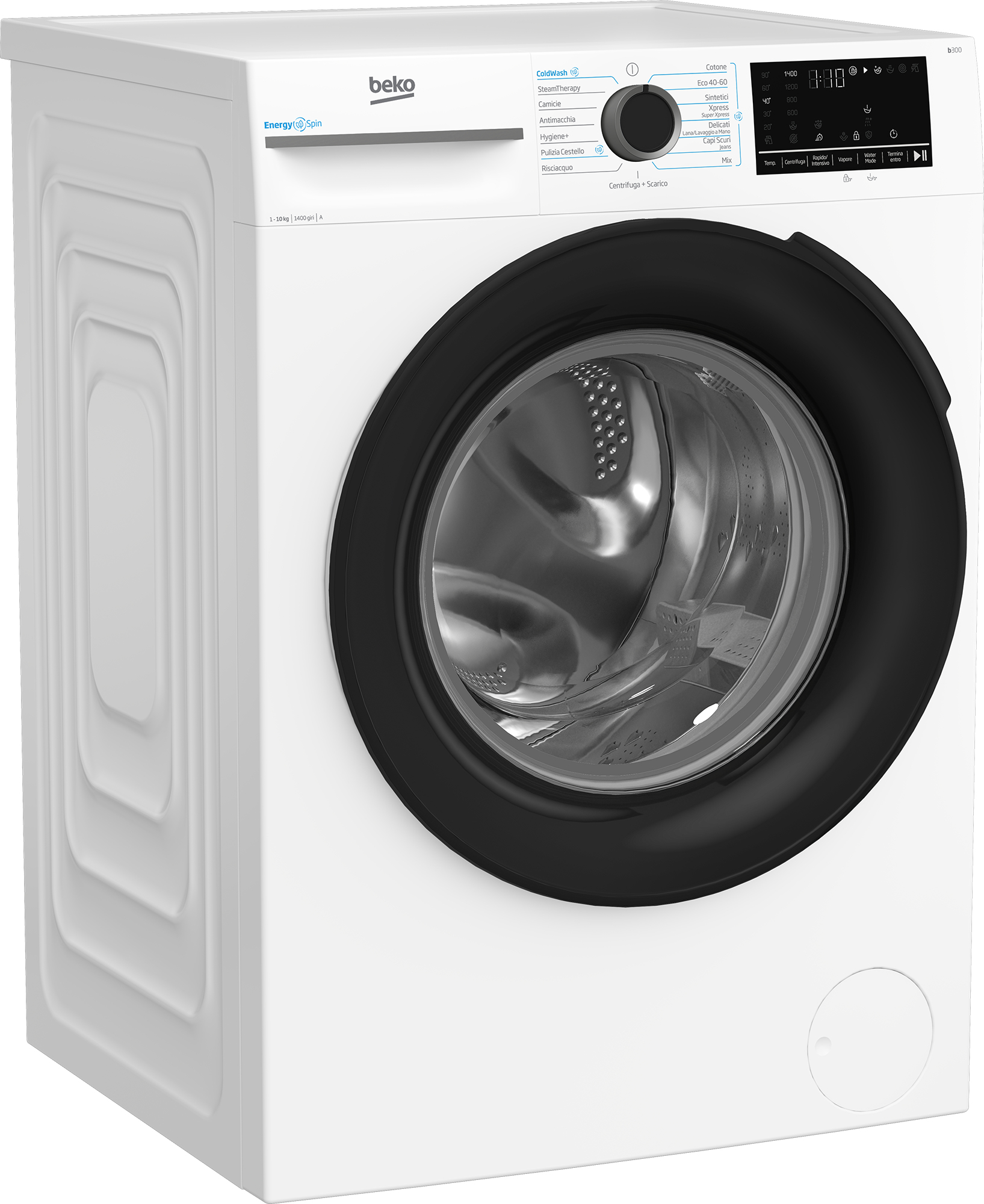 Una lavatrice Beko bianca con oblò e pannello di controllo neri.