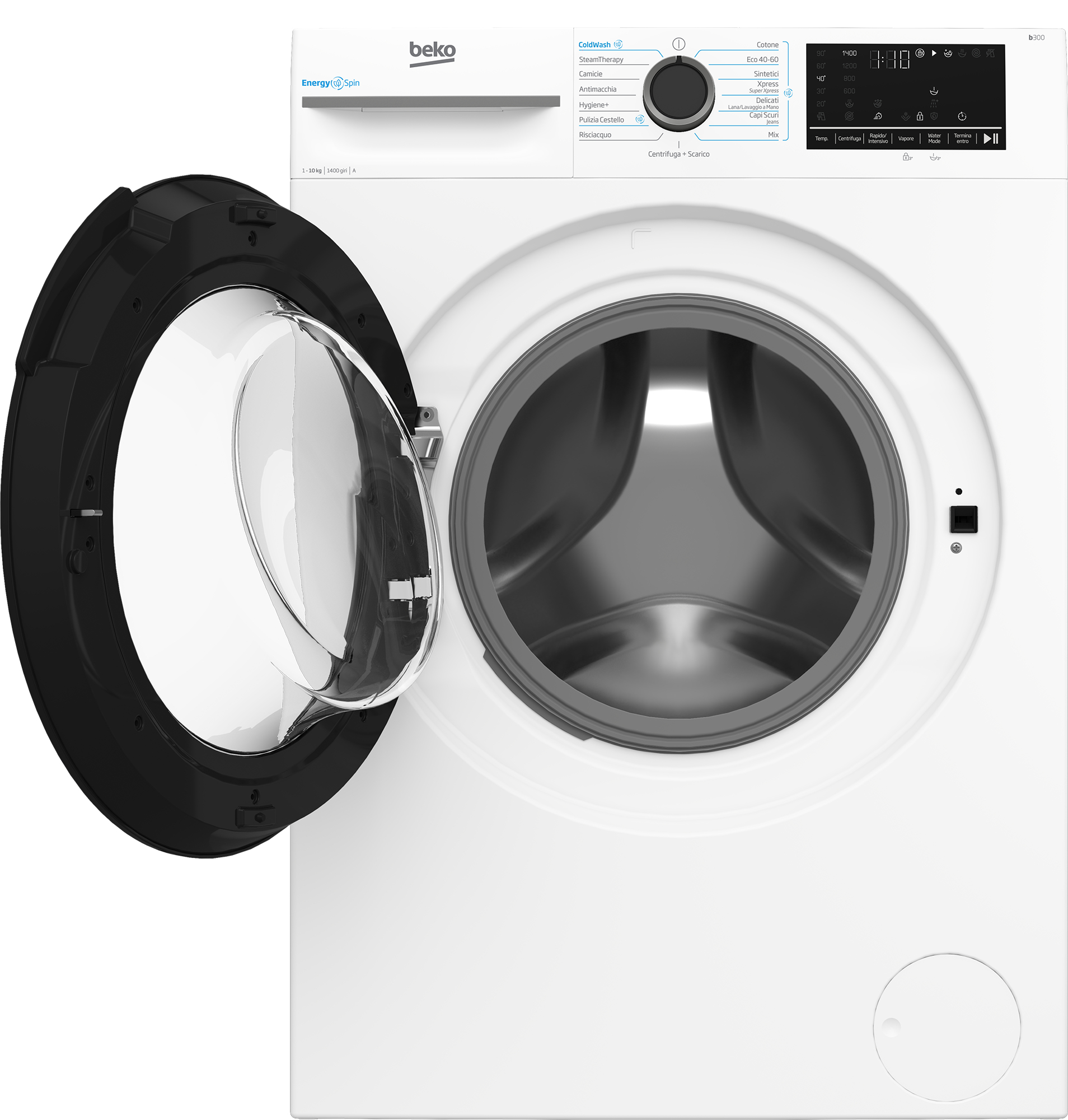 Una lavatrice Beko bianca con oblò aperto e pannello comandi.