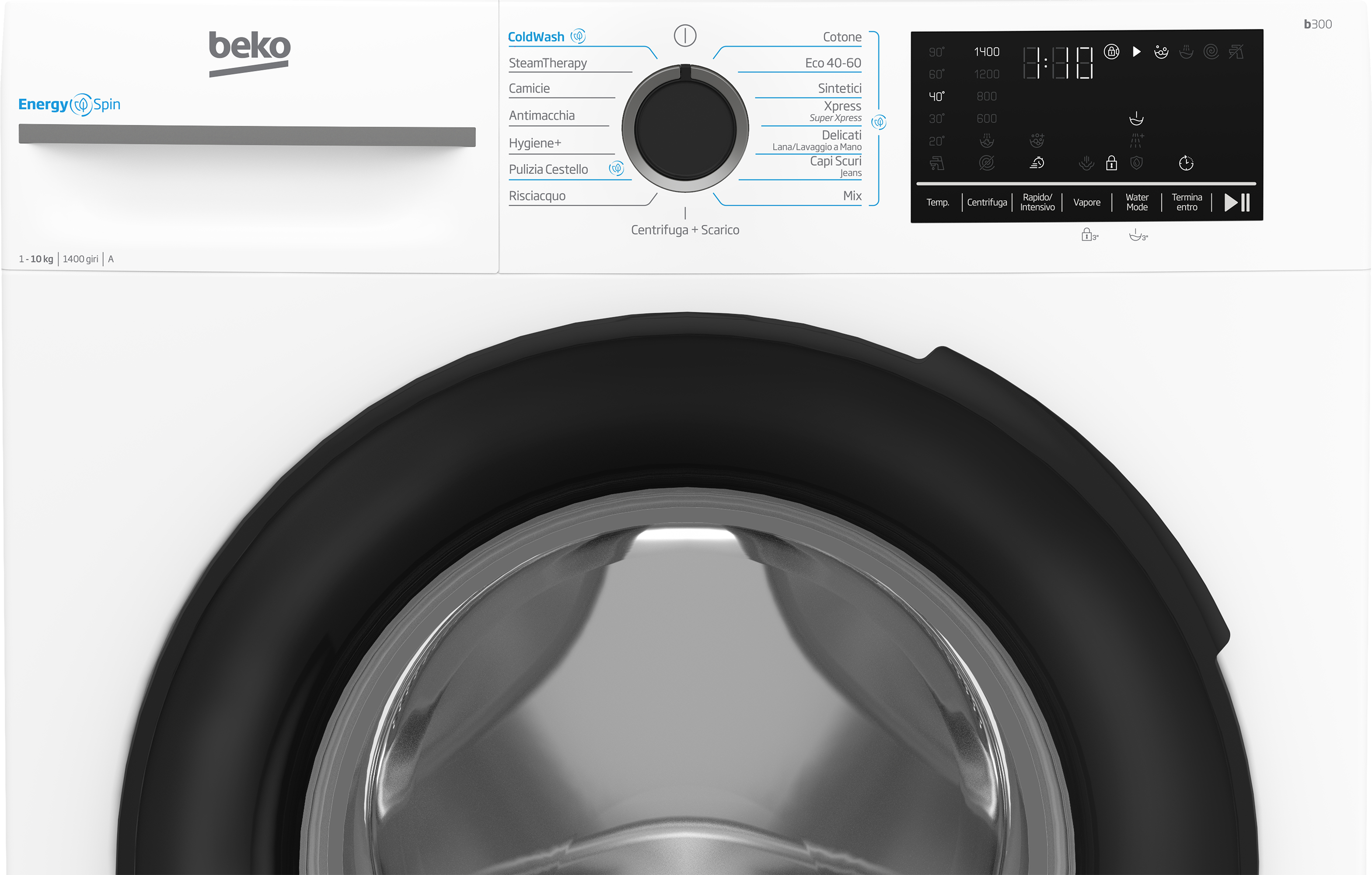 Lavatrice Beko con display digitale, selettore programmi e vista cestello.