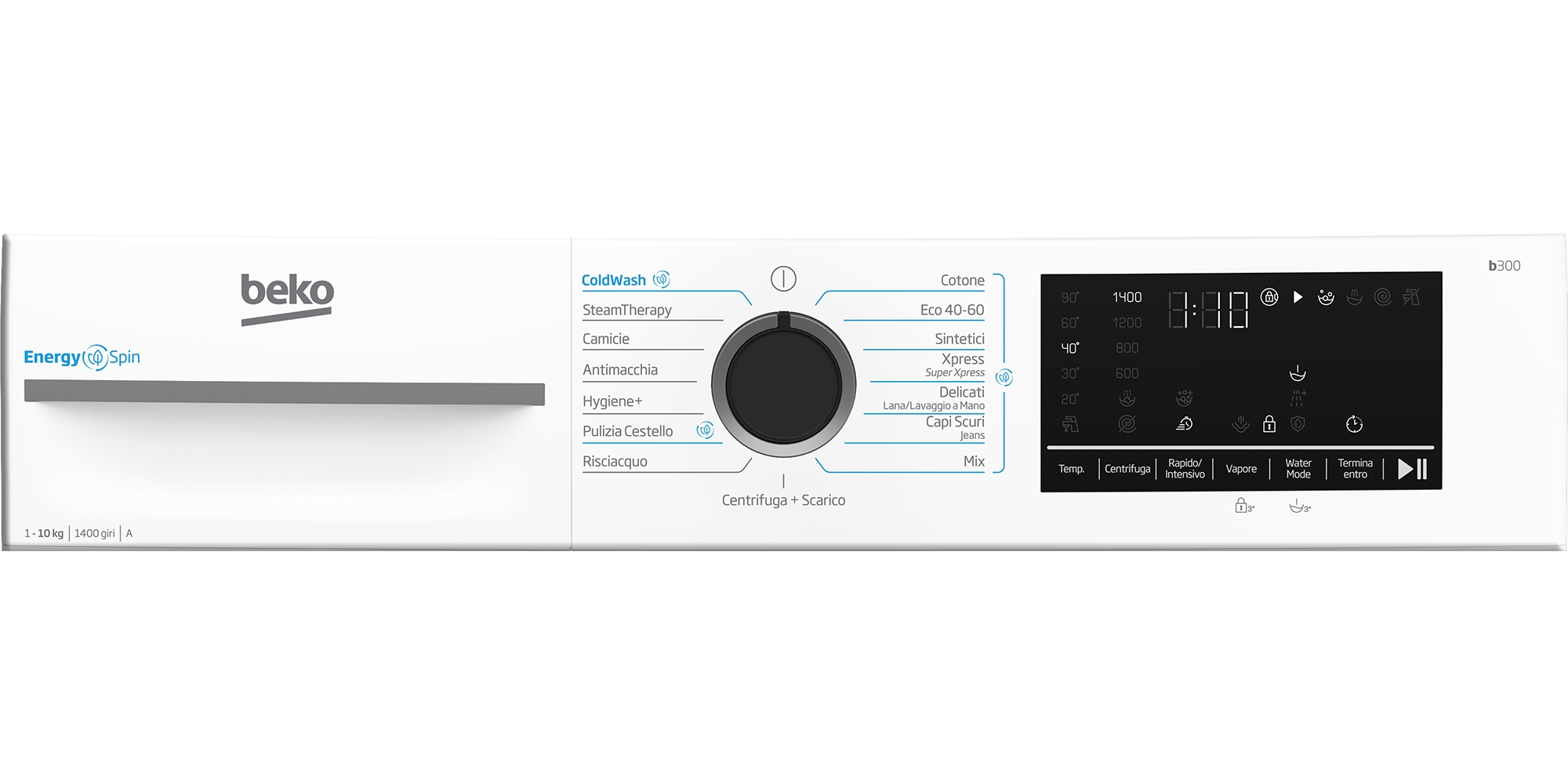 Lavatrice Beko con pannello di controllo e selezione programmi. Classe efficienza energetica A.