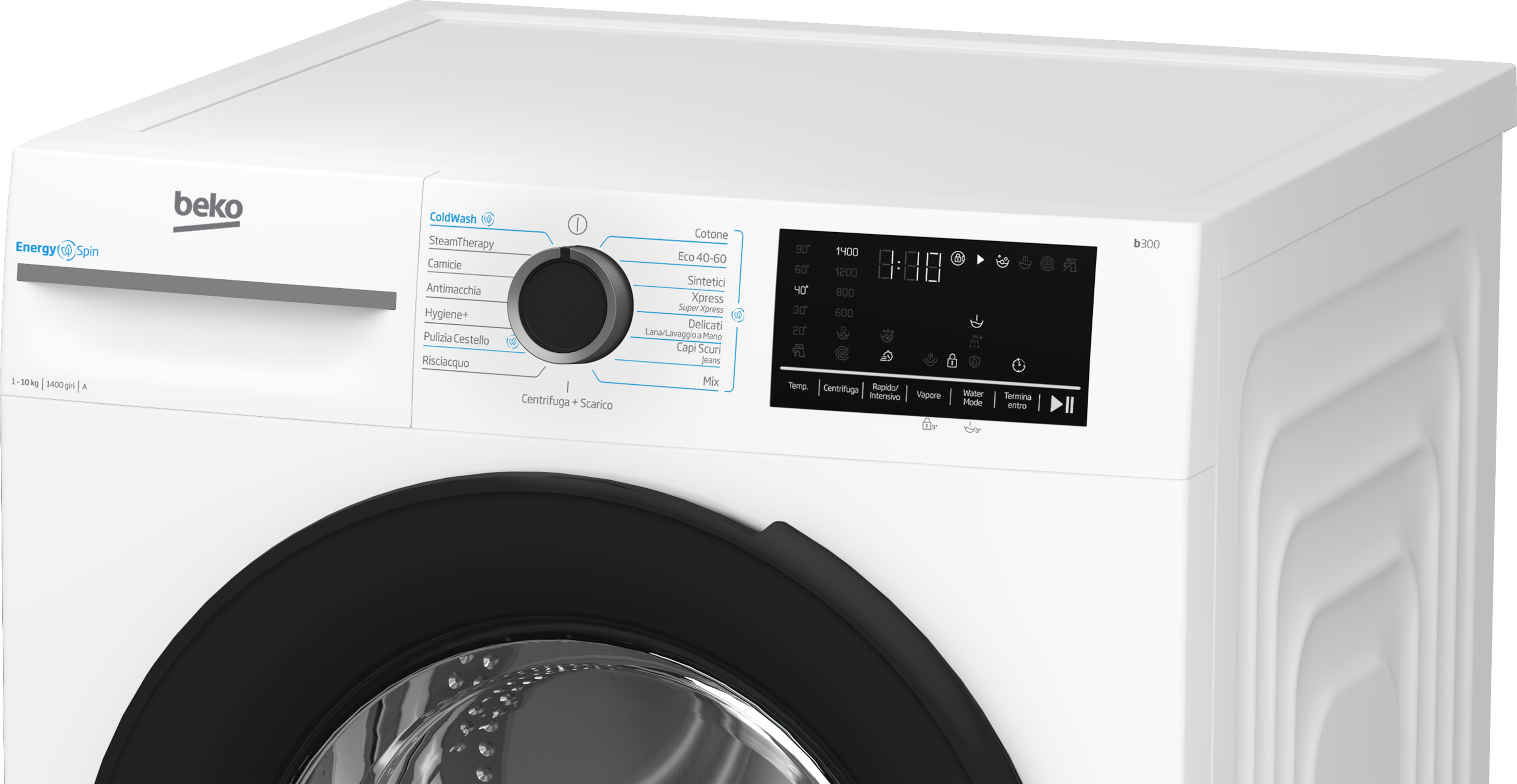 Una lavatrice Beko bianca con pannello di controllo nero e porta del cestello argentata lucida.