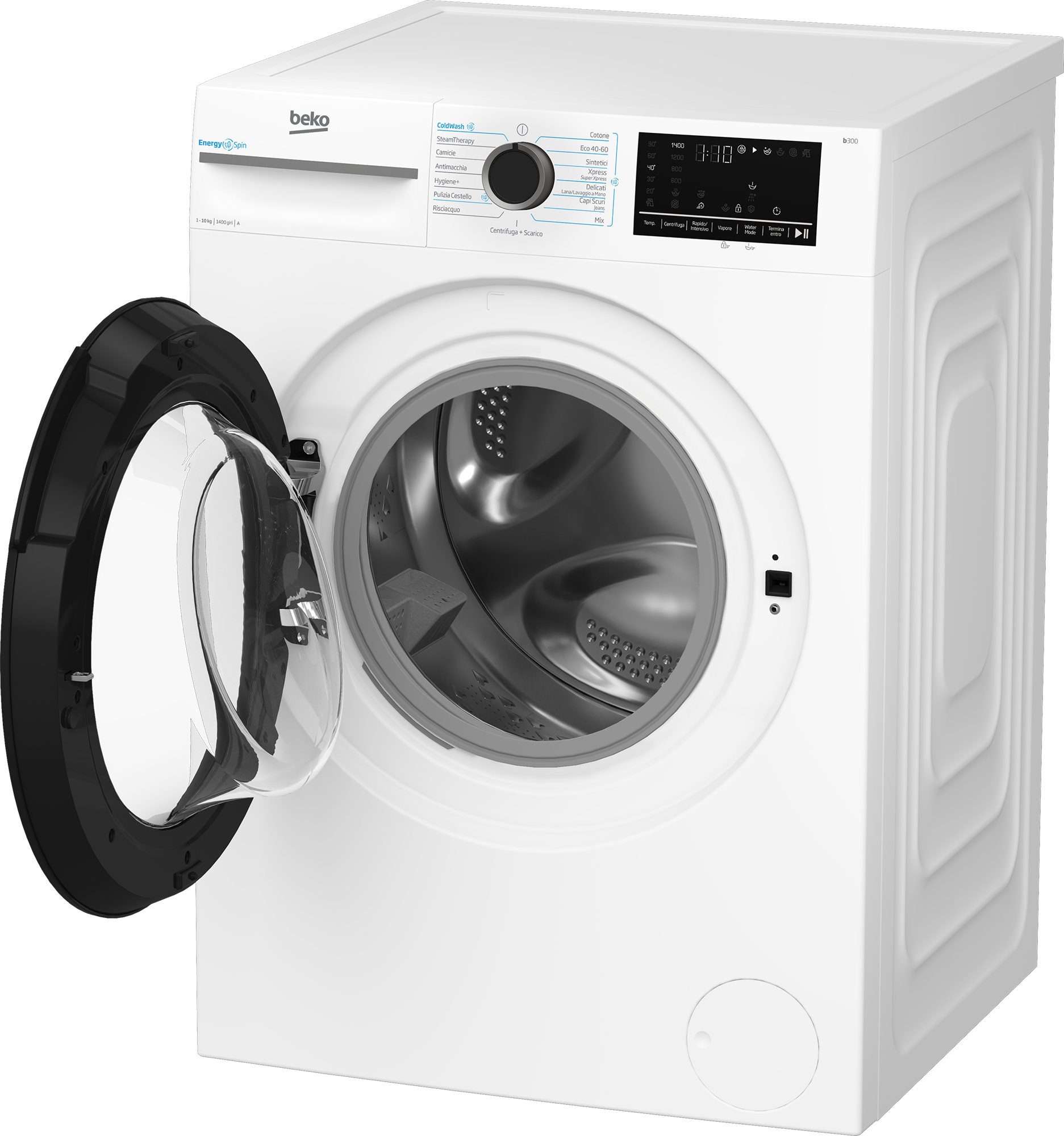 Lavatrice Beko bianca con oblò aperto e display. Il cestello è visibile.