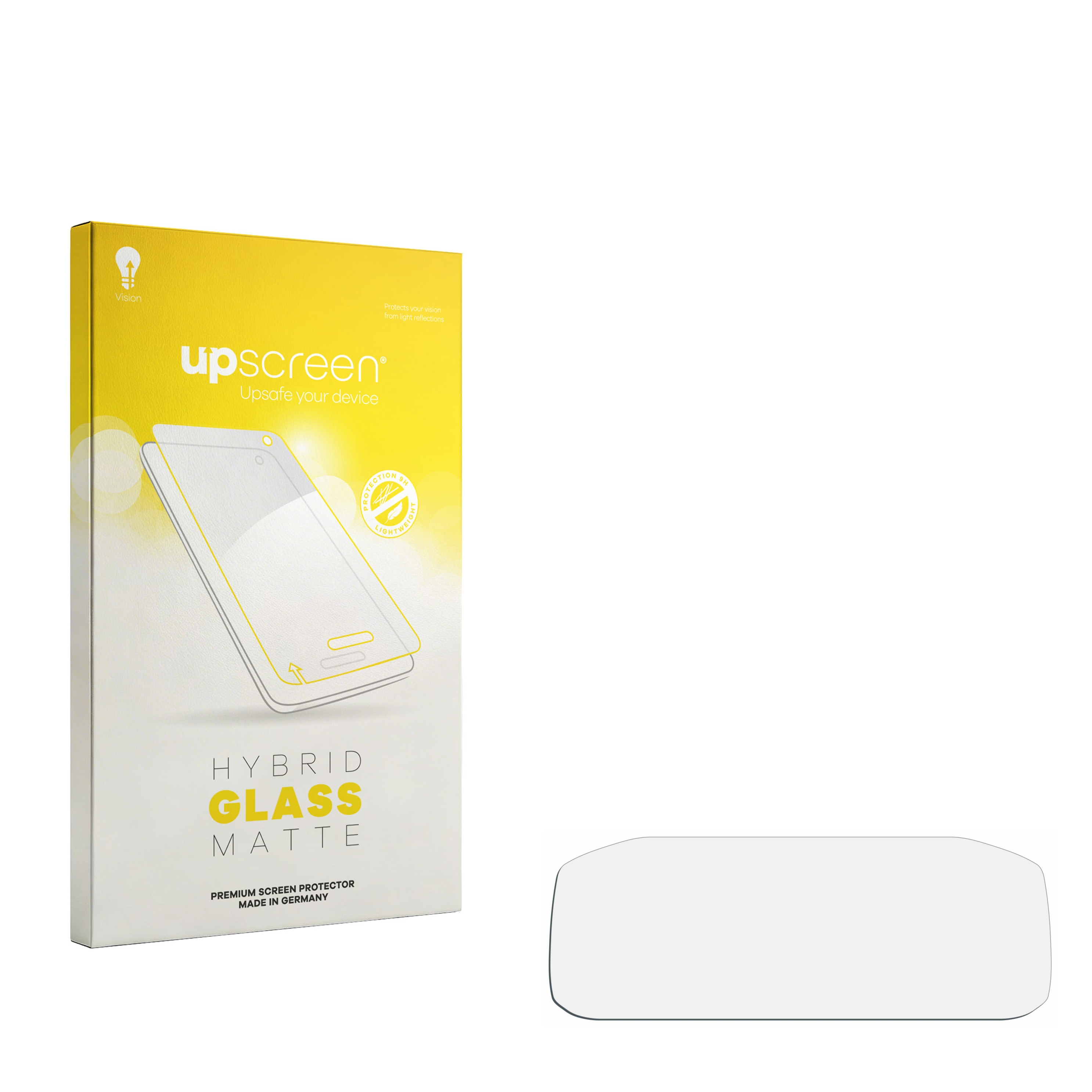 Verpackung für einen matten Hybrid-Glasschutz für Smartphones, mit einem Schutzglas daneben.