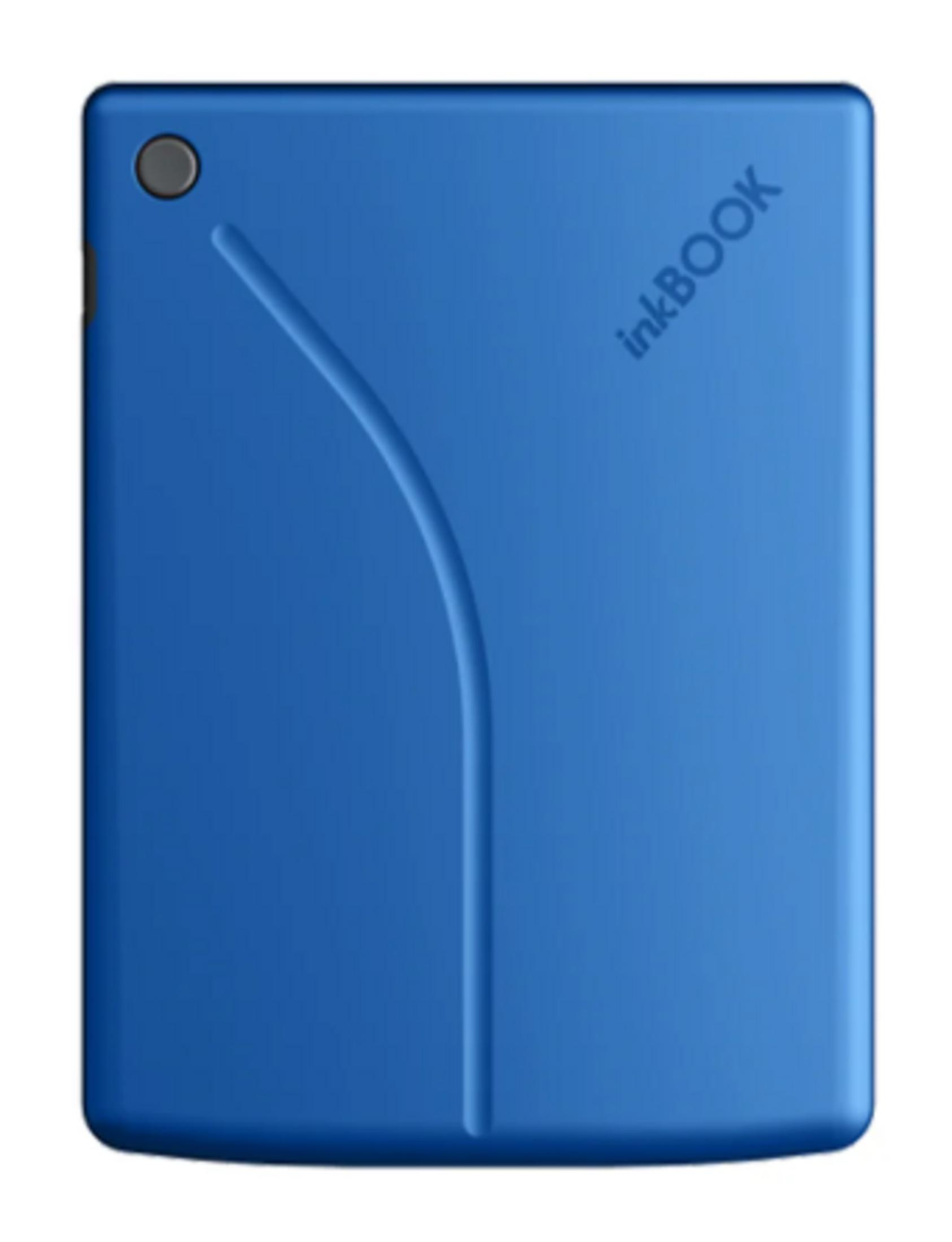 Un lettore di e-book blu con il logo inkBOOK in alto a destra.
