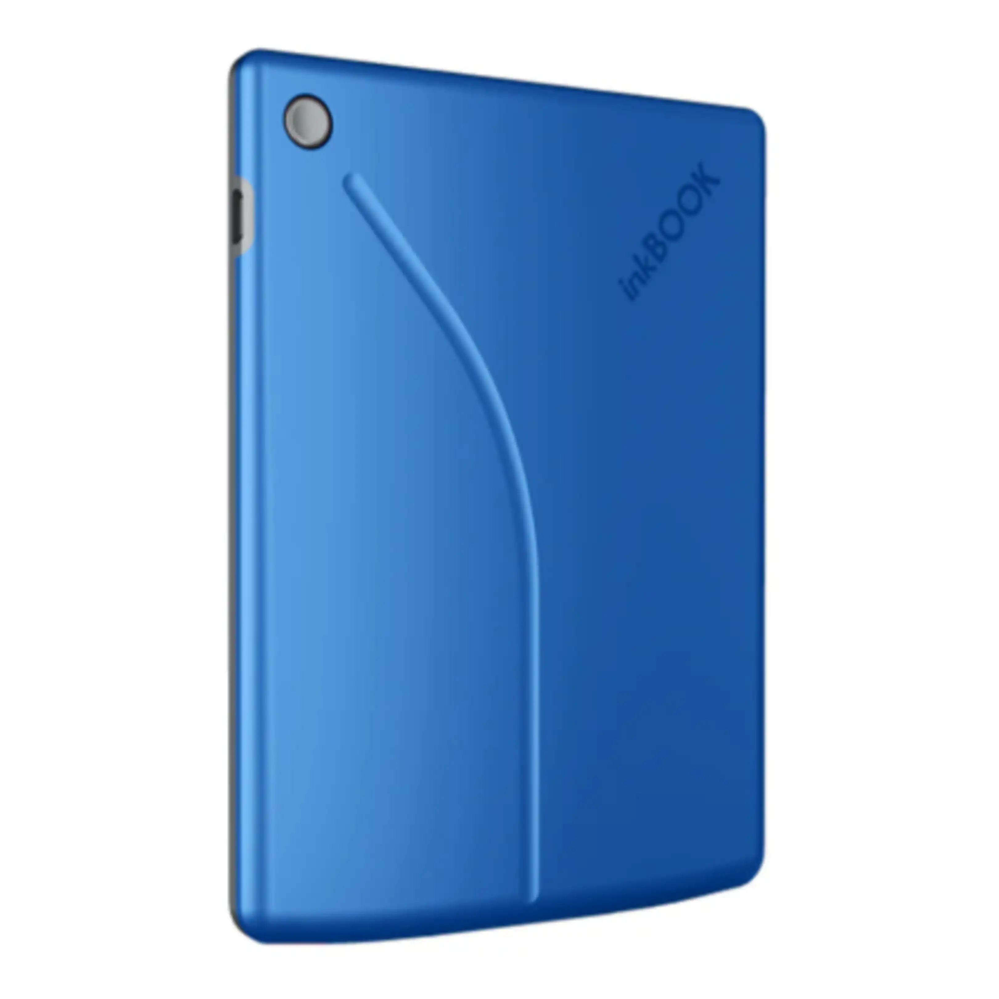 Un lettore e-book blu con elemento di design curvo e logo 'inkBOOK'.