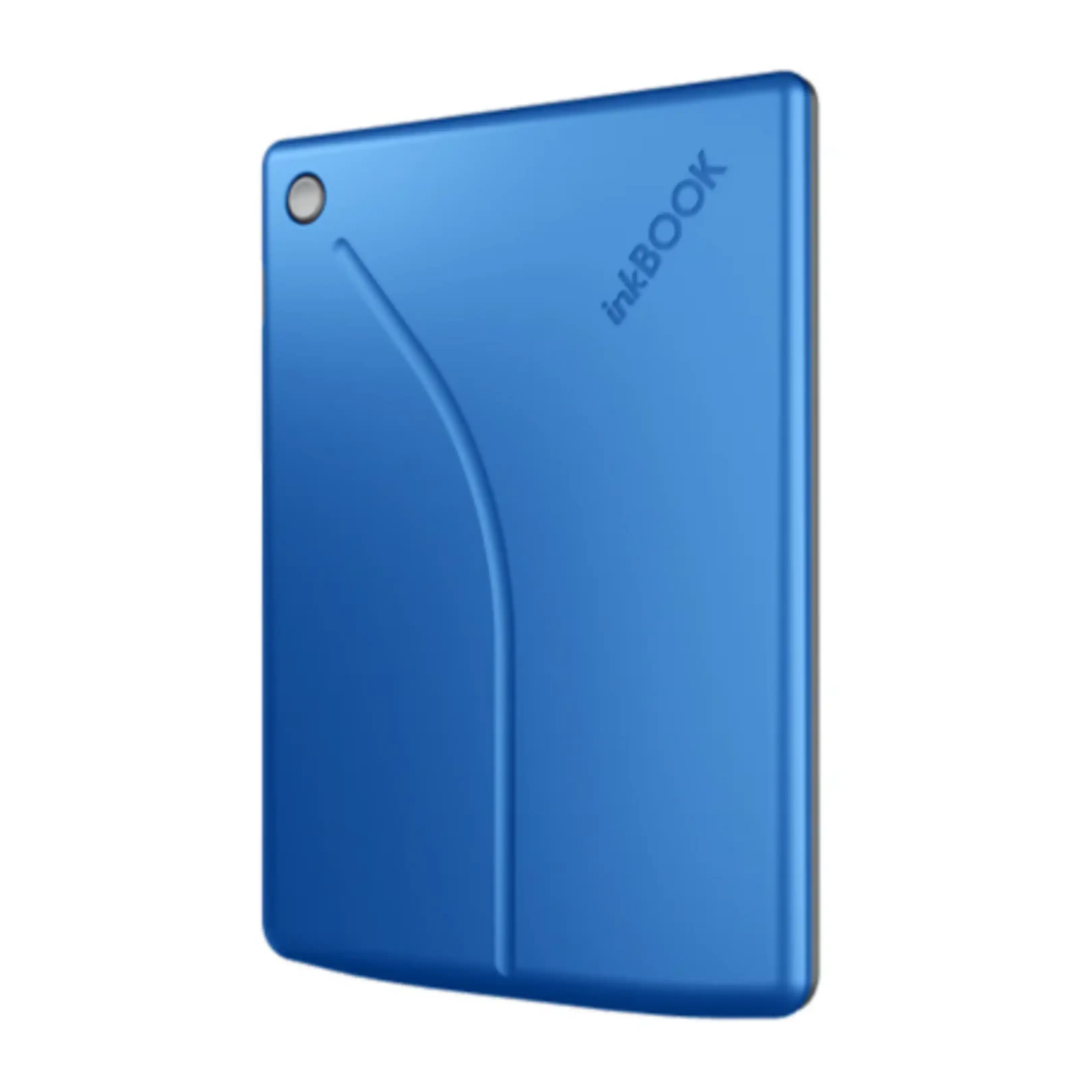 Un dispositivo InkBOOK blu con una linea curva e un cerchio.