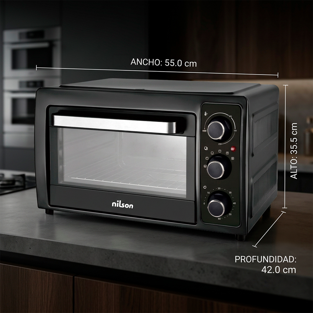 Horno Nilson negro con puerta de cristal, tres mandos y medidas.