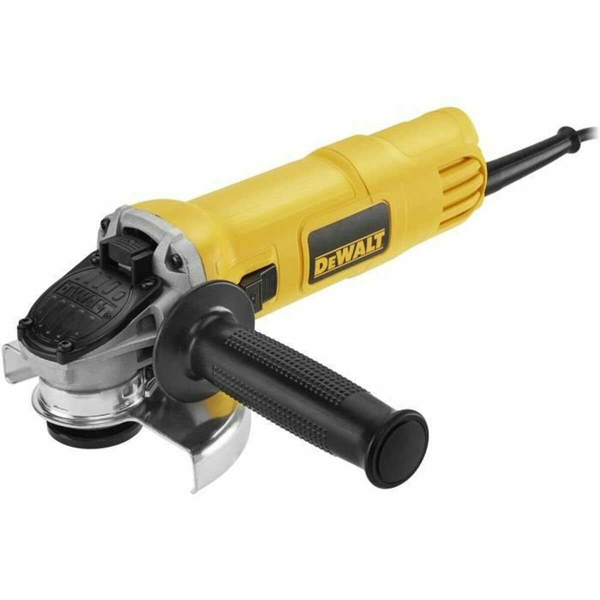 Amoladora angular Dewalt amarilla con mango y cable negros sobre fondo blanco.