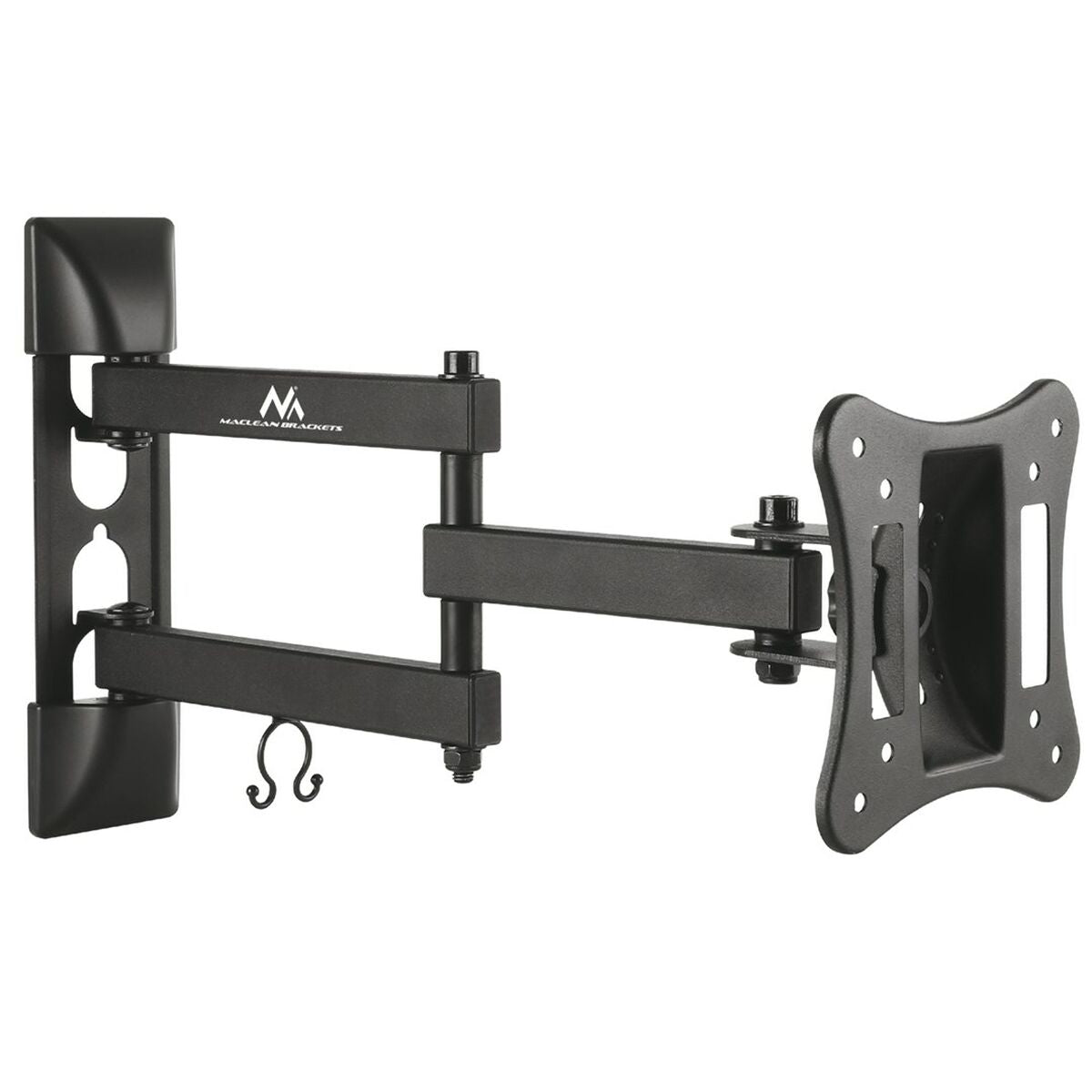 Support mural TV noir articulé avec bras extensible et plaque VESA.
