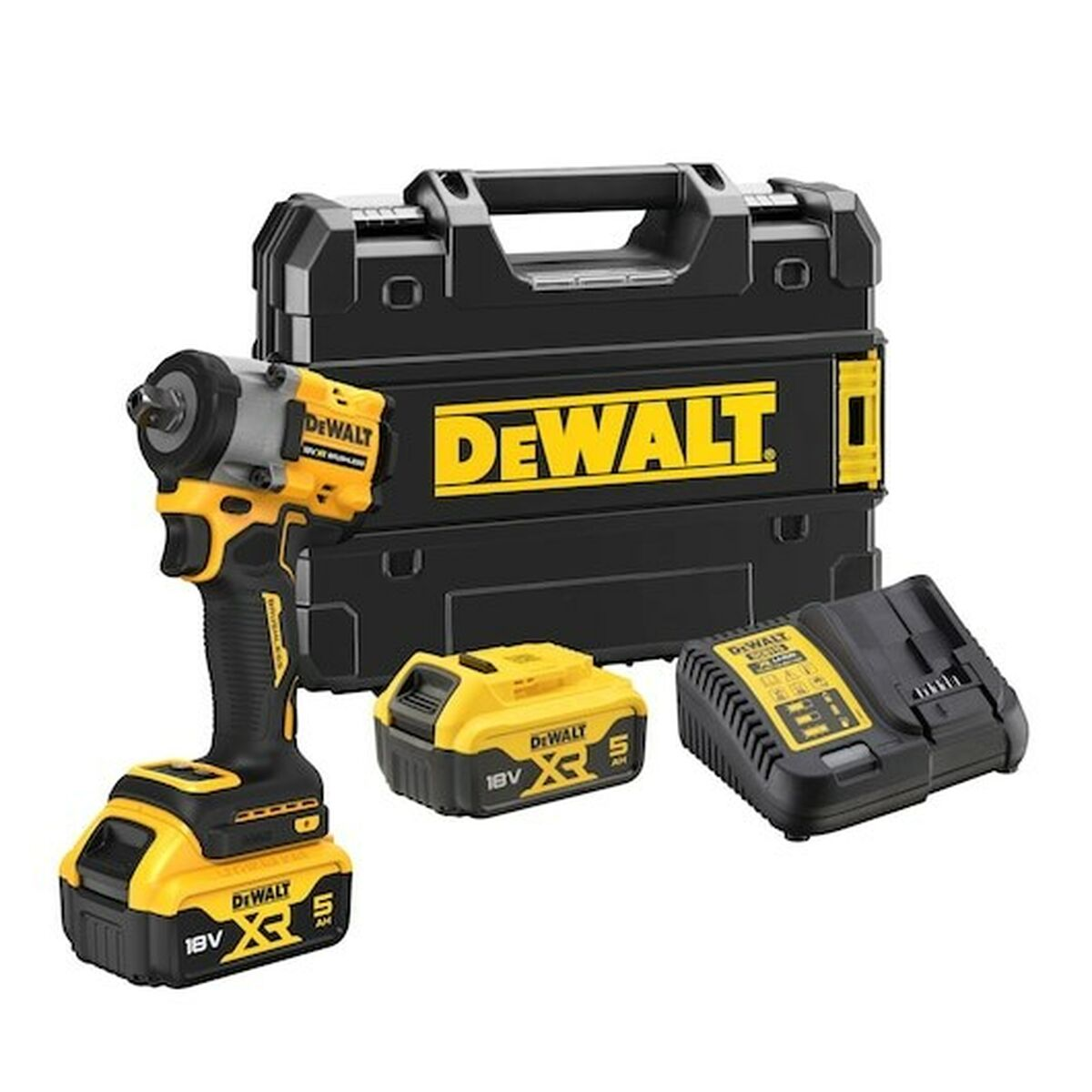 Avvitatore a percussione DeWalt con due batterie da 18V, caricabatterie e valigetta nera.