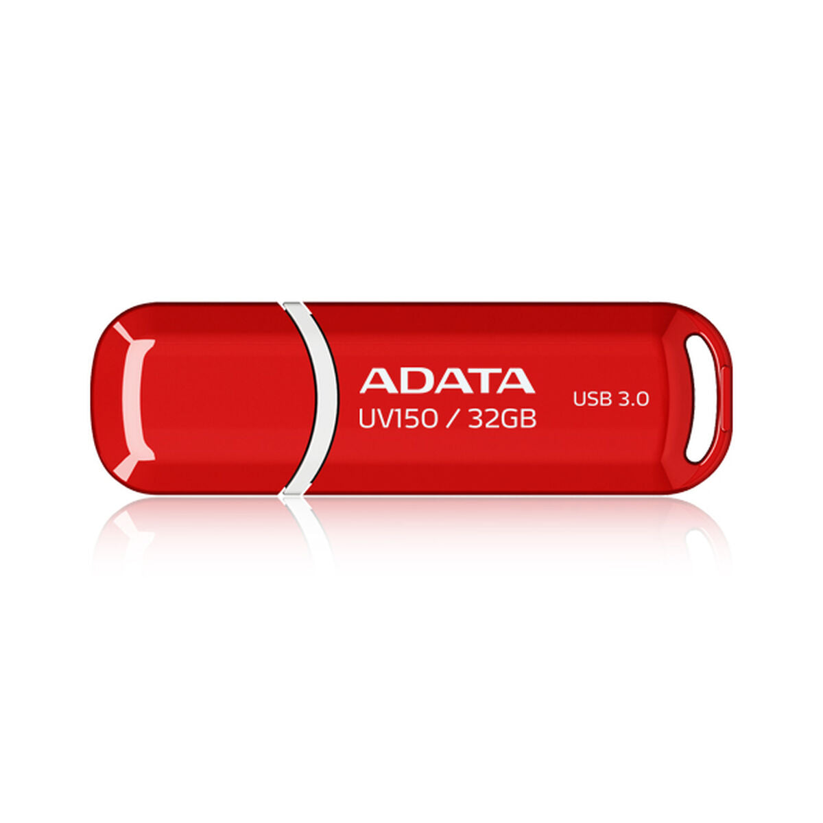 Czerwony pendrive ADATA USB 3.0 UV150 32GB z białym paskiem i logo.
