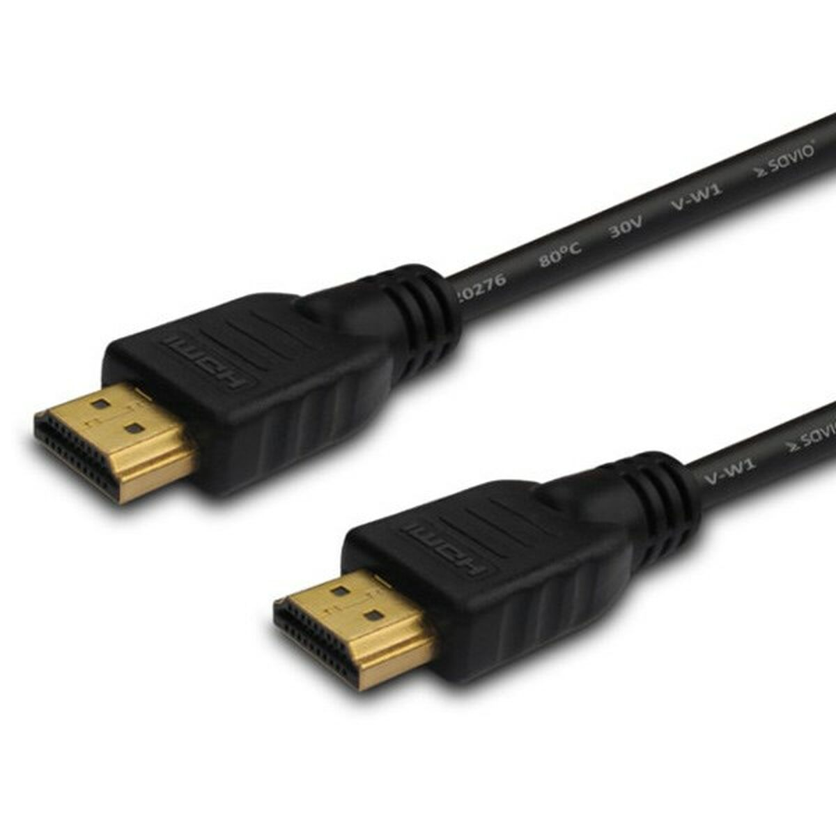 Dos cables HDMI negros con conectores dorados yacen sobre fondo blanco.