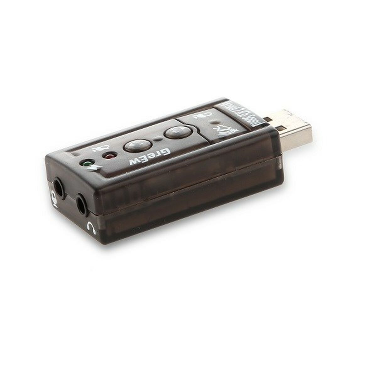 Una tarjeta de sonido USB gris oscura transparente con dos conectores de audio y botones.