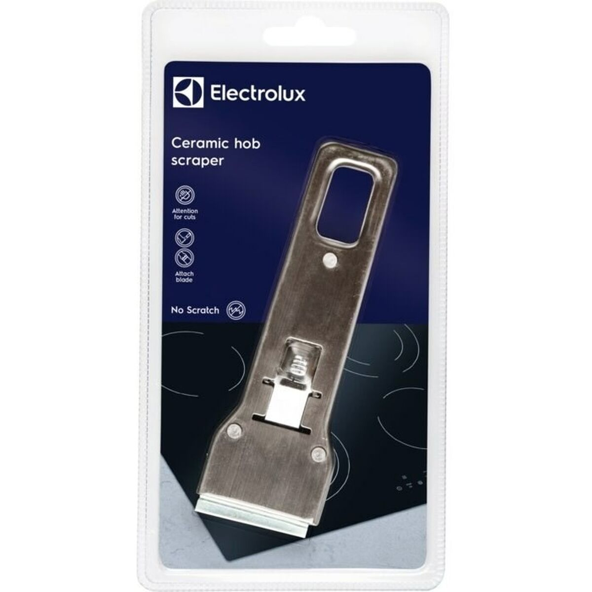 Zeskrobak do płyty ceramicznej Electrolux w opakowaniu z ikonami ostrzeżeń.