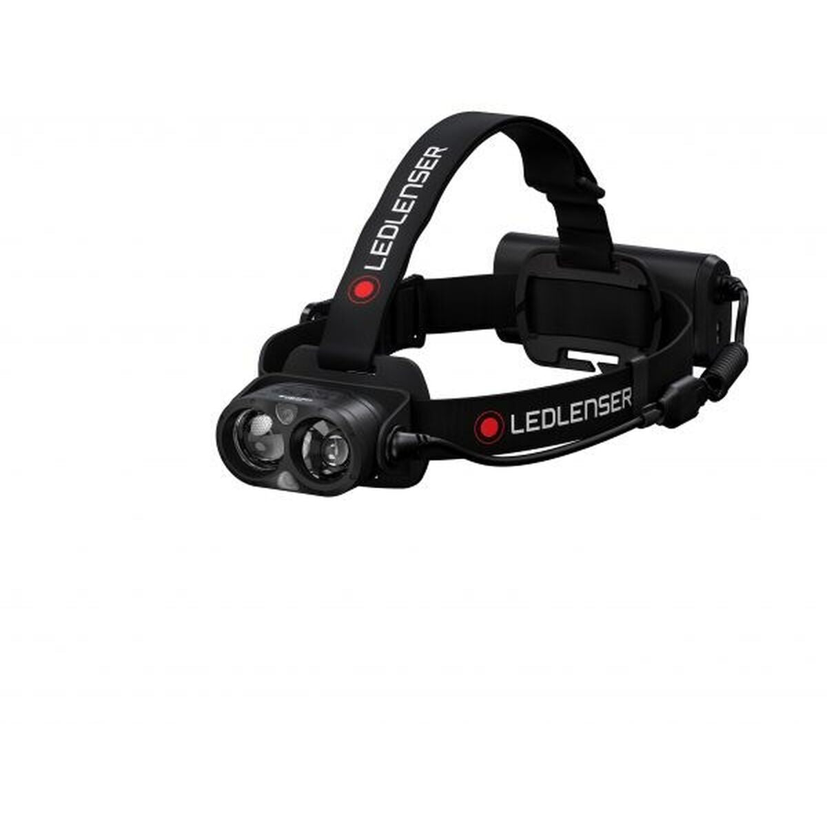 Lampada frontale nera con due luci e cinturino regolabile con logo LEDLENSER.