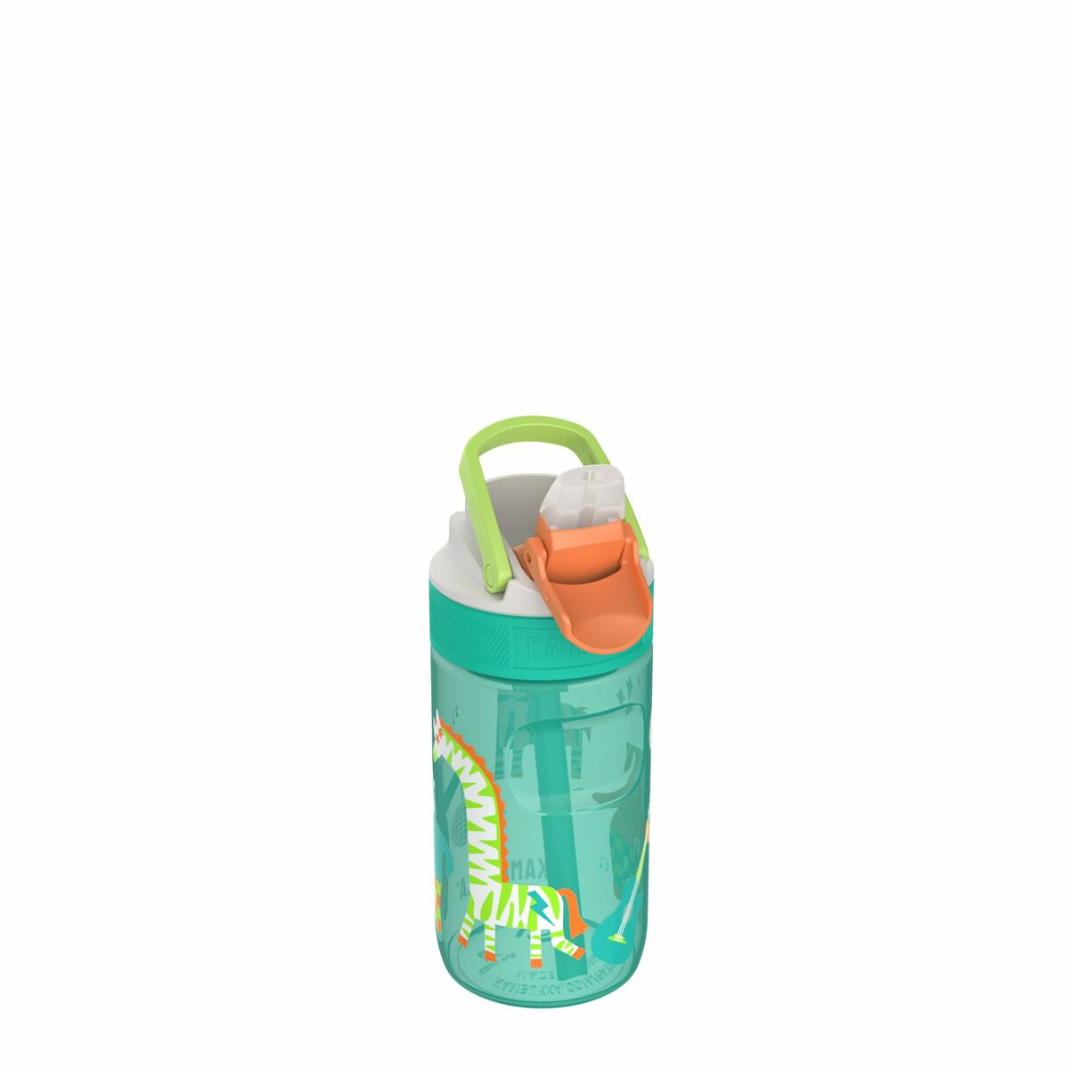 Eine grüne Wasserflasche mit Cartoon-Giraffe und Musiknoten. Sie hat einen grünen Griff und Ausguss.