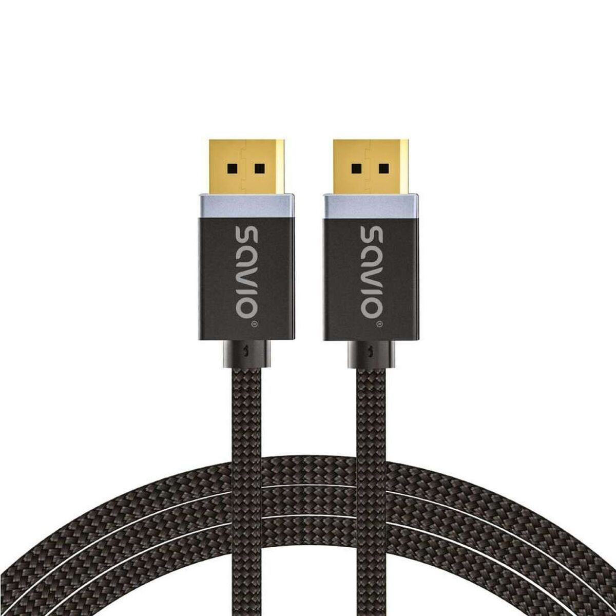 Dos conectores HDMI dorados con cables negros y logo 'SAVIO'.