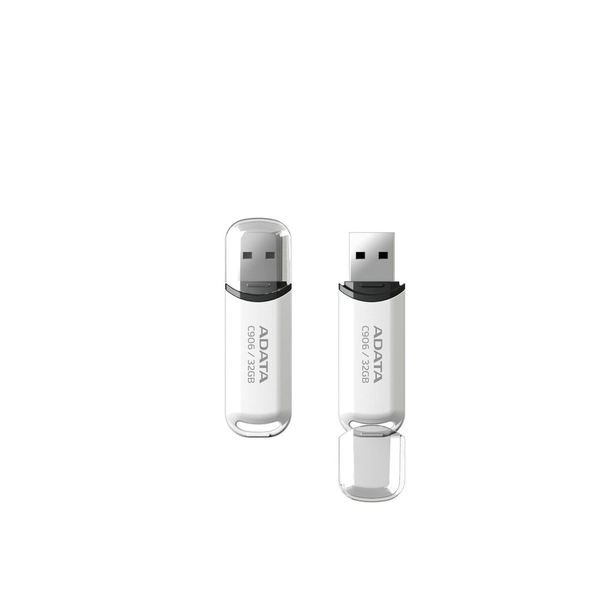 Zwei weiße ADATA USB-Sticks, einer mit Kappe, auf weißem Hintergrund.