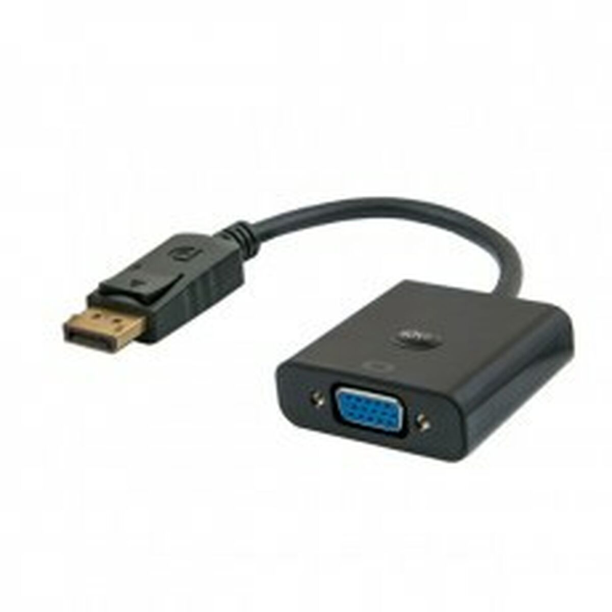 Un adaptador DisplayPort a VGA negro con cable.